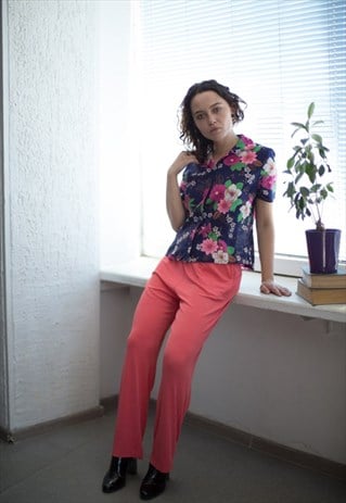 VINTAGE 70'S NAVY FLOWER PRINT SHORT SLEEVED SHIRT