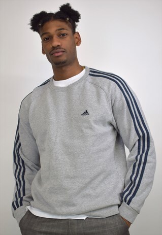 VINTAGE 90S ADIDAS GREY NAVY TRIPLE STRIPE SLEEVE SWEATSHIRT