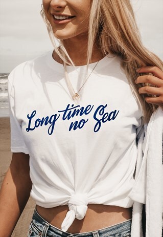 'LONG TIME NO SEA' WOMENS RETRO SLOGAN T-SHIRT IN WHITE