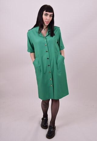 VINTAGE 80'S GREEN SHIRT DRESS POCKETS SIZE 12 TO 14