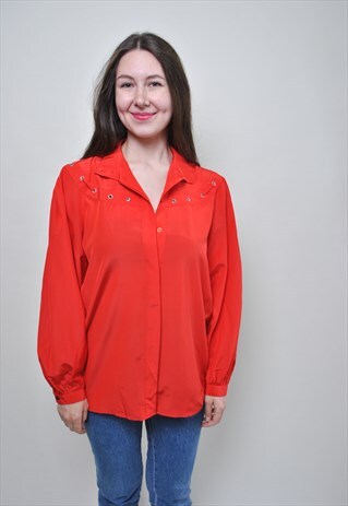 VINTAGE EVENING BLOUSE, FORMAL RED BUTTON DOWN SHIRT