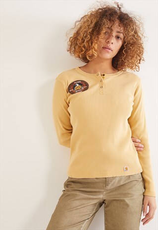 VINTAGE CARHARTT 1/4 BUTTON LONG SLEEVE TOP YELLOW
