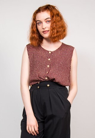 90'S VINTAGE BURGUNDY CHECK PATTERNED SLEEVELESS BLOUSE