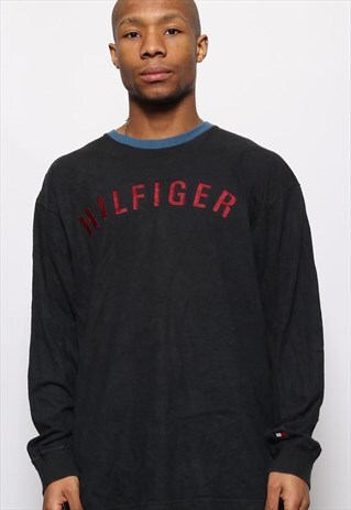 VINTAGE TOMMY HILFIGER LONG SLEEVE T-SHIRT TOP LOGO BLACK