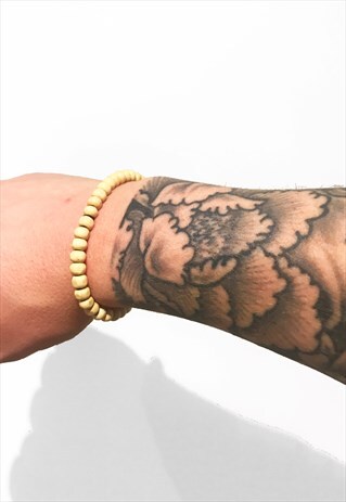 WOODEN BEADED BALL LINK BRACELET - CREAM TAN BEIGE