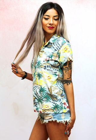 1990S VINTAGE CREAM HAWAIIAN PRINT COTTON SHIRT