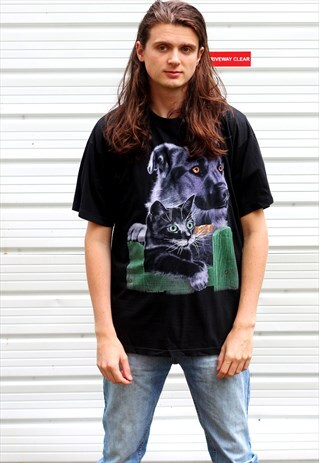 1990'S VINTAGE OVERSIZED BLACK GRAPHIC CAT/DOG PRINT T-SHIRT