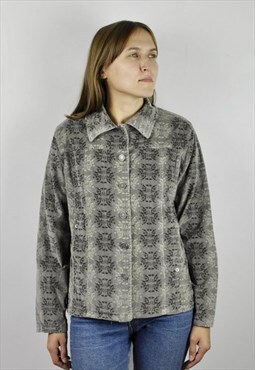 Vintage M Corduroy Cord Grey Floral Print Jacket Blazer Top