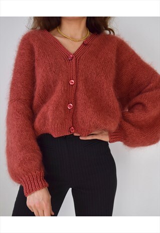 VINTAGE 80S BURNT ORANGE PUFF SLEEVE FLUFFY MOHAIR CARDIGAN