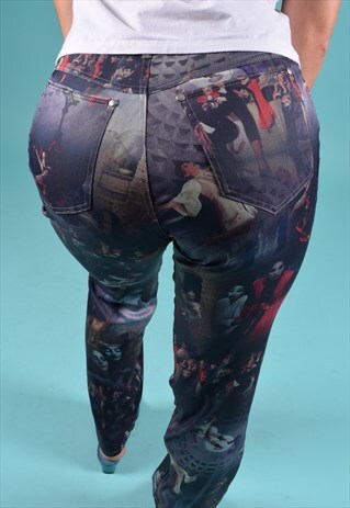 Y2K TARK 1 BLACK THEATRE PHOTO PRINT STRAIGHT LEG TROUSERS