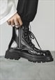 SHINY RUBBER BOOTS SQUARE TOE TRACTOR PLATFORM SHOES BLACK
