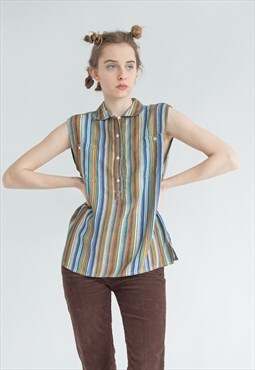 Vintage Y2K Boxy Fit Sleeveless Shirt in Multi Stripe M