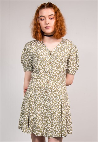 VINTAGE 90'S GREEN FLORAL PATTERN CUTE MINI SUMMER DRESS