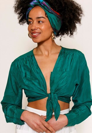 VINTAGE 90'S TURQUOISE TIE FRONT BLOUSE