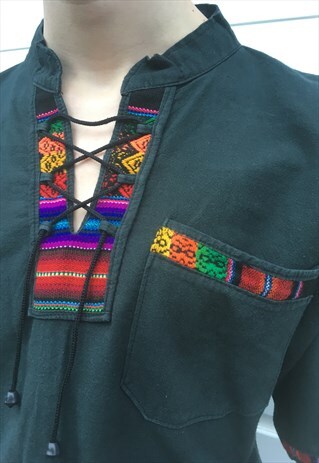 MENS VINTAGE 80S BOHO FESTIVAL HIPPY BLACK COLOURFUL TSHIRT