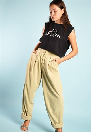 VINTAGE 90'S RETRO HIGHWAISTED SILK TAPERED NEUTRAL TROUSERS