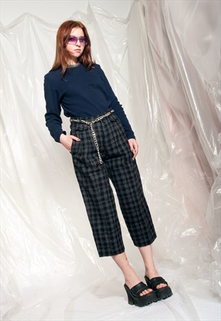 VINTAGE CROP TROUSERS 80S PLAID FRAYED GRUNGE PANTS
