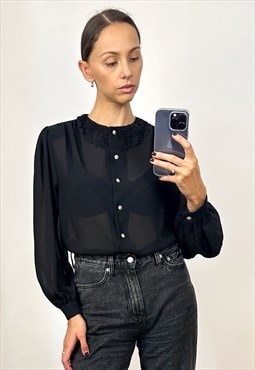 Vintage Black Sheer  Blouse, Semi-Sheer Embroidered Top