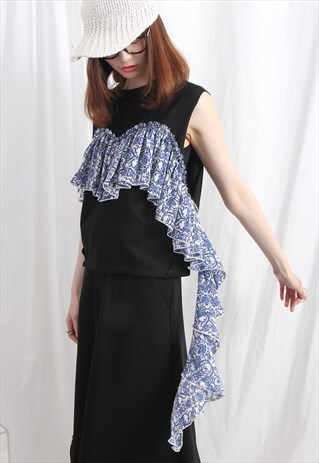 (KOREAN) WILLOW PATTERN SILKY FRILL TRIM TOP