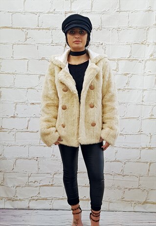VINTAGE CREAM FAUX FUR HOODED JACKET
