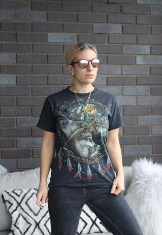 VINTAGE 1990S WASHED BLACK NAVAJO WOLF T SHIRT