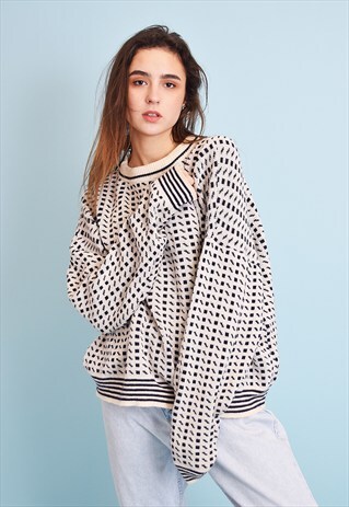 90'S ABSTRACT OPTICAL PRINT KNIT OVERSIZED DADS JUMPER TOP