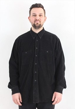 Vintage Casual Men XL Soft Corduroy Long Sleeved Shirt Black
