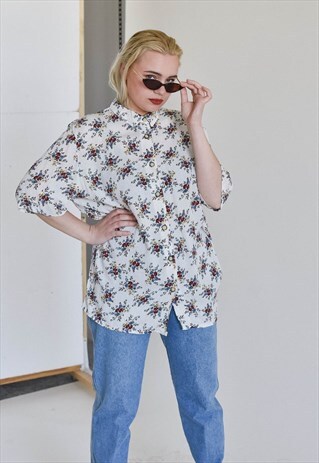VINTAGE 90S FESTIVAL RELAXED FLORAL SHORT SLEEVE SHIRT M