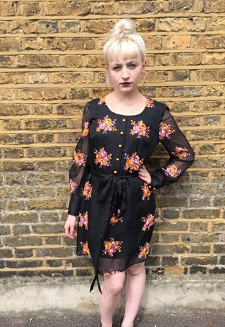 1970'S BLACK EMBROIDERED DRESS