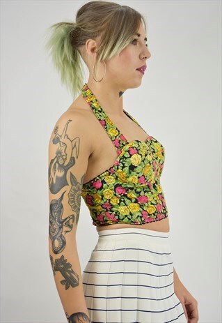 VINTAGE 90S FLORAL PRINT HALTERNECK BRALET W/BONING