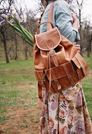 LEATHER RUCKSACK BACKPACK IN TAN BROWN NATURAL