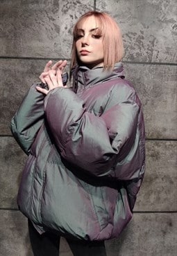 Luminous bomber shiny jacket reflective puffer silver purple