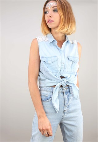 RETRO SUMMER FESTIVAL DENIM TIE CROP TOP