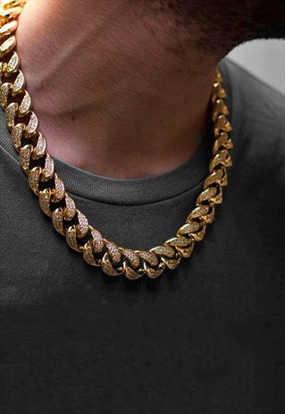 10MM 20" DIAMOND ICED OUT CUBAN CURB NECKLACE CHAIN - GOLD