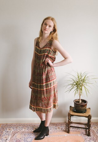 VINTAGE NINETIES BOHEMIAM PRINT TUNIC STYLE BUTTON MIDI DRES