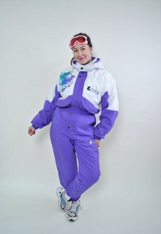 80S WHITE SKI SUIT, ONE PIECE PURPLE SNOWSUIT MEDIUM SIZE