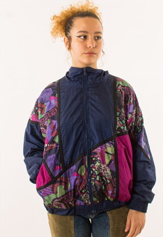 VINTAGE 90S NAVY CRAZY PRINT WINDBREAKER JACKET