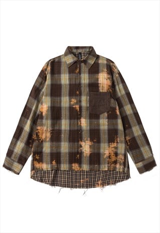 Tie-dye shirt checked blouse asymmetric grunge top in brown