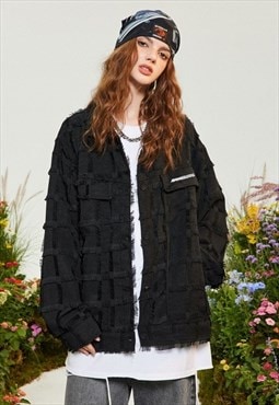 Shredded denim jacket raw finish textured jean bomber black