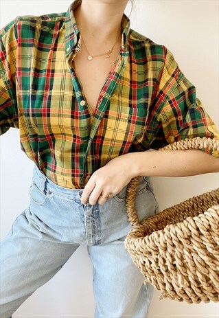 VINTAGE 90S TARTAN CHECK OVERSIZE WORKWEAR UNISEX BLOUSE TOP