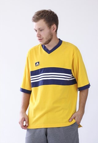 VINTAGE MENS ADIDAS V NECK LOGO T-SHIRT