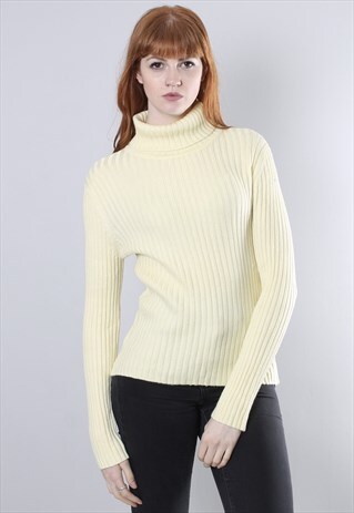 VINTAGE 90S YELLOW RIBBED KNIT POLO TURTLE NECK JUMPER