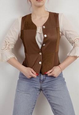 Vintage 70s Boho Brown Button Up Roundneck Women Vest XS