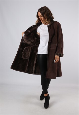 SHEEPSKIN SUEDE LEATHER SHEARLING COAT UK 12 - 14 (B92J)