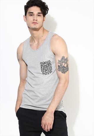 MENS MUSCLE T-SHIRT GREY TANK TOP LEOPARD PRINT TOP