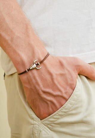 MEN'S BRACELET, SILVER BULL HEAD CHARM, BROWN CORD, FOR HIM