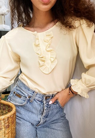 VINTAGE 80S LE CITRON MILKMAID RUFFLE HAUTE BOHEME BLOUSE TO