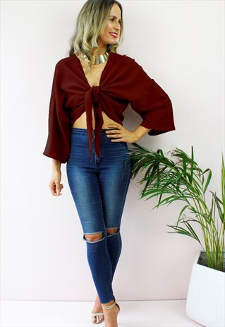 BURGUNDY PLUNGE FRONT TIE PEASANT BOHO BLOUSE TOP