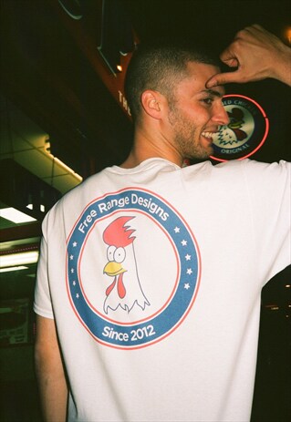 WHITE COTTON T-SHIRT WITH FREE RANGED CHICKEN SHOP DESIGN