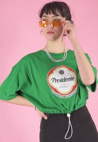 VINTAGE REWORKED CROPPED T-SHIRT IN GREEN WITH GRAPHIC PRINT